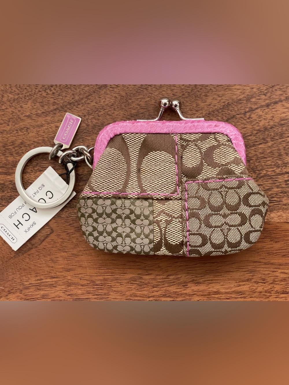 COACH Tan Signature Patchwork Kisslock Coin Purse - Picture 2 of 5